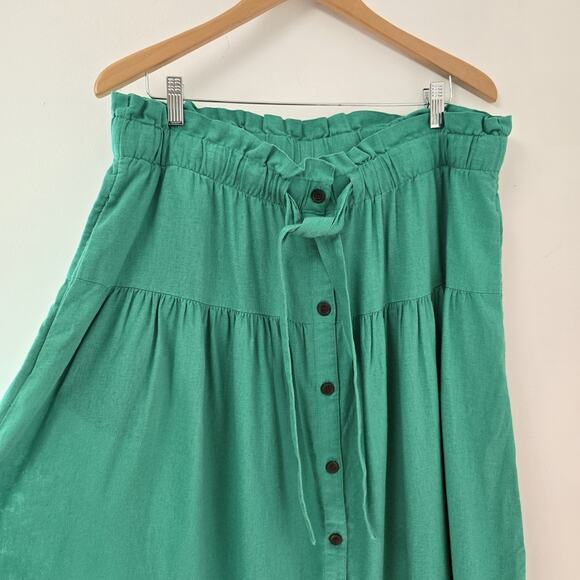 Universal Thread Midi Skirt XL Button Front Pockets Peasant Linen Blend Green - Picture 2 of 10